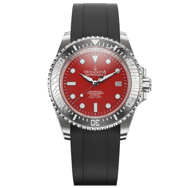 Oceaneva Mens Deep Marine Explorer II Damascus Steel Watch Red Dial